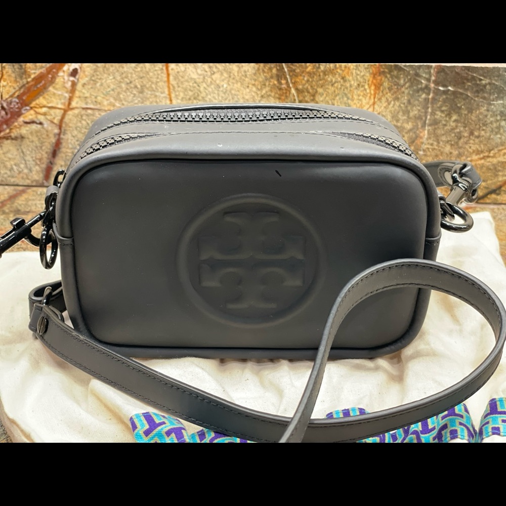 Tory Burch Black Embossed Logo Leather Crossbody Camera Bag